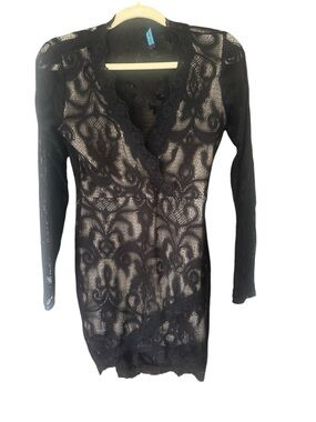 Sheer Black Lace Wrap-Style Long Sleeve Dress